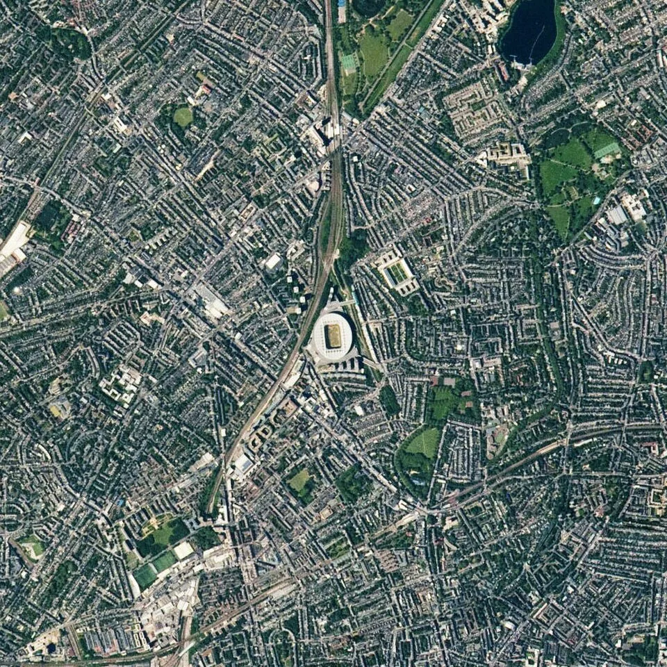 Aerial view of Emirates Stadium in Holloway, North London, home of Arsenal FC