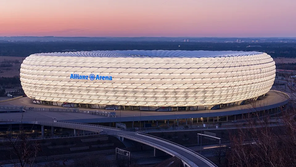 Allianz Arena stadium exterior with illuminated façade, Munich, Germany