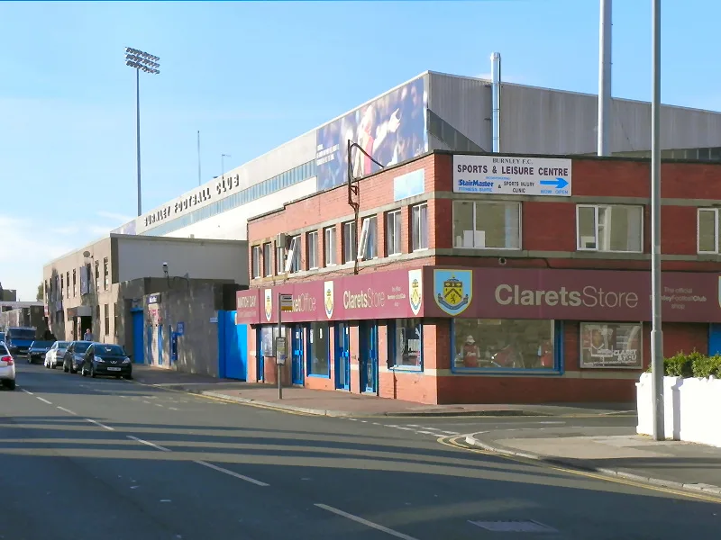 Exterior view of Turf Moor, Burnley FC’s stadium, on a clear day