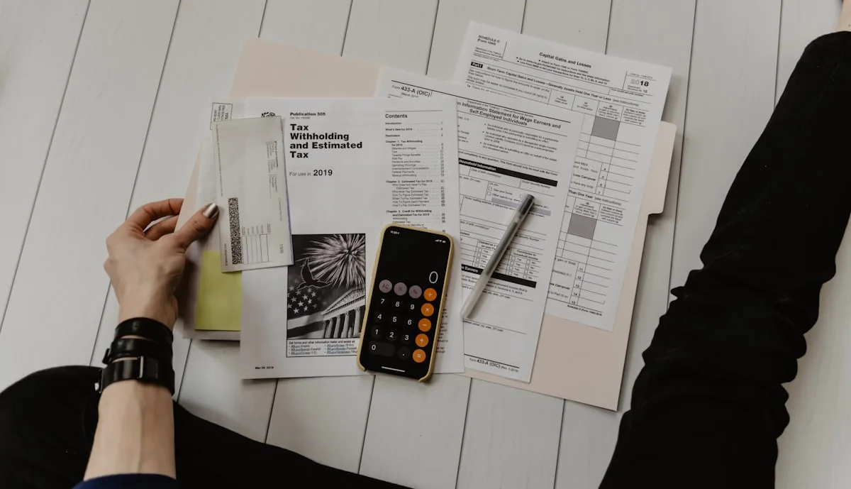 Stacks of tax forms, calculator and pen on a desk, illustrating the IRS's FERDI enforcement push against federal employees and retirees with unresolved tax issues