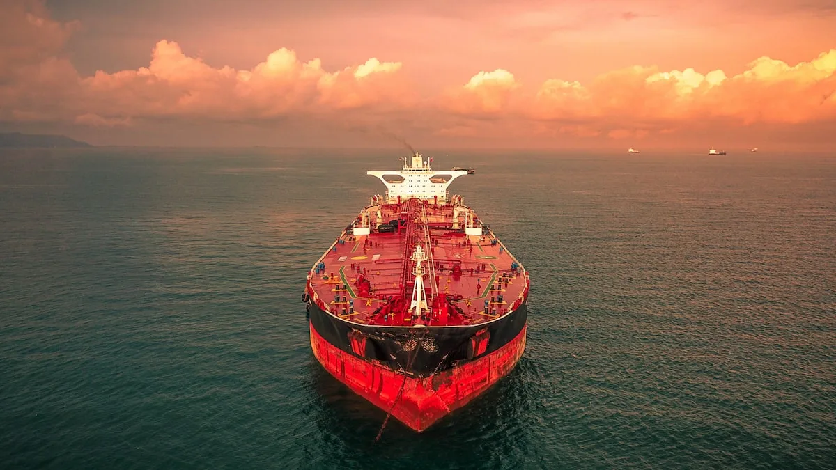 A red-and-white crude oil tanker at sea under an overcast sky — illustrative imagery for Newsorga's coverage of Japan's first Caspian-region (Azerbaijani ACG) crude oil cargo arriving on Tuesday, May 12, 2026, the first Central Asian delivery to a Japanese refinery since the Iran war and Strait of Hormuz blockade began in late February 2026.