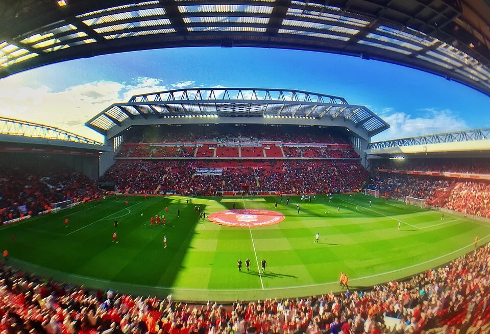 Panoramic view of Anfield stadium with Main Stand, Liverpool, England