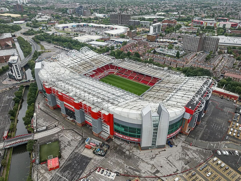 Old Trafford football stadium, Manchester, England, exterior view of stands and pitch