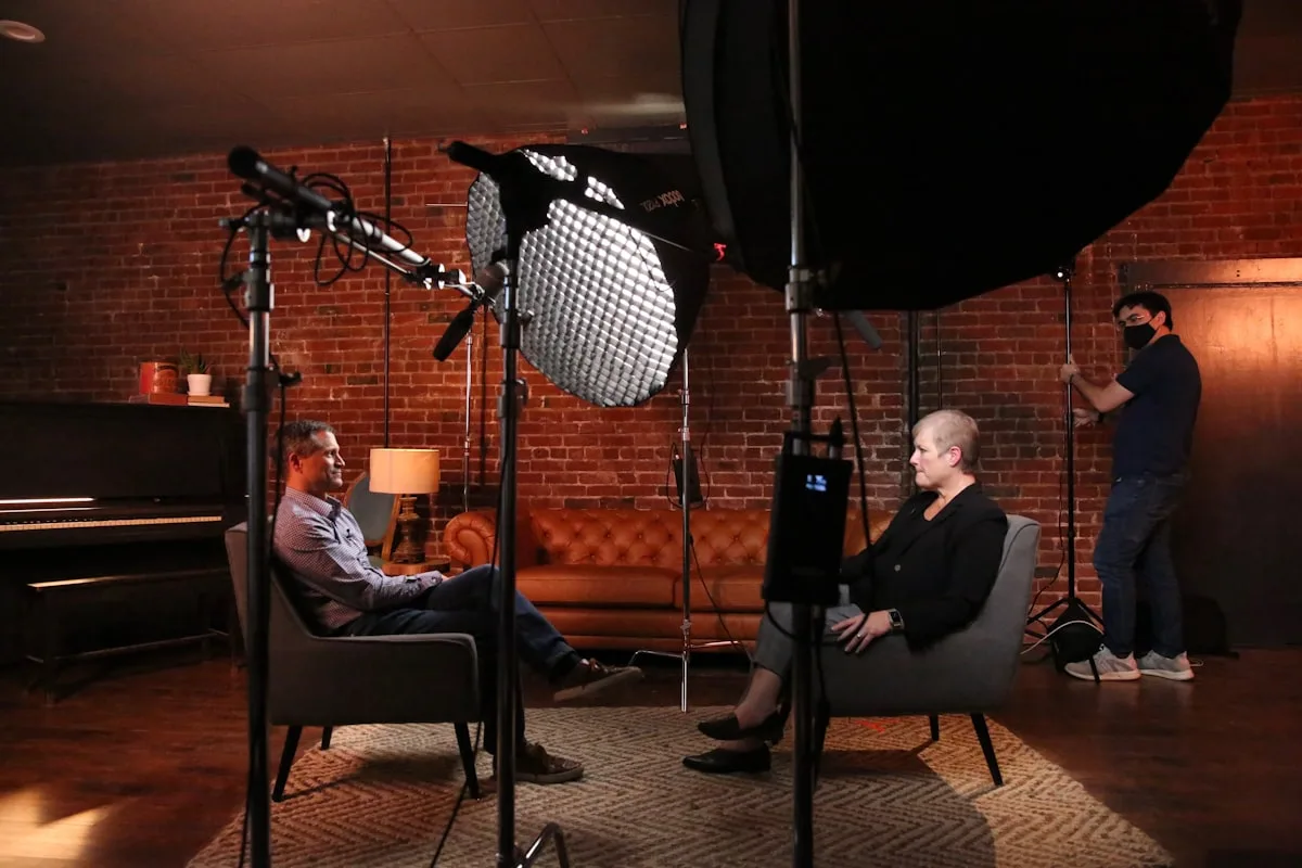 A television interview being filmed in a studio with two chairs and a camera — illustrative imagery of Benjamin Netanyahu's 60 Minutes interview with CBS News' Major Garrett, recorded the day before broadcast and aired on Sunday May 10, 2026 as the Israeli prime minister's first U.S. television interview since the February 28, 2026 outbreak of the U.S.-Israel-Iran war.