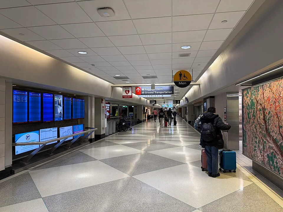 Interior of Philadelphia International Airport Terminal B (Wikimedia Commons, CC BY-SA 4.0) — illustrative context for CBP outbound currency enforcement at PHL.